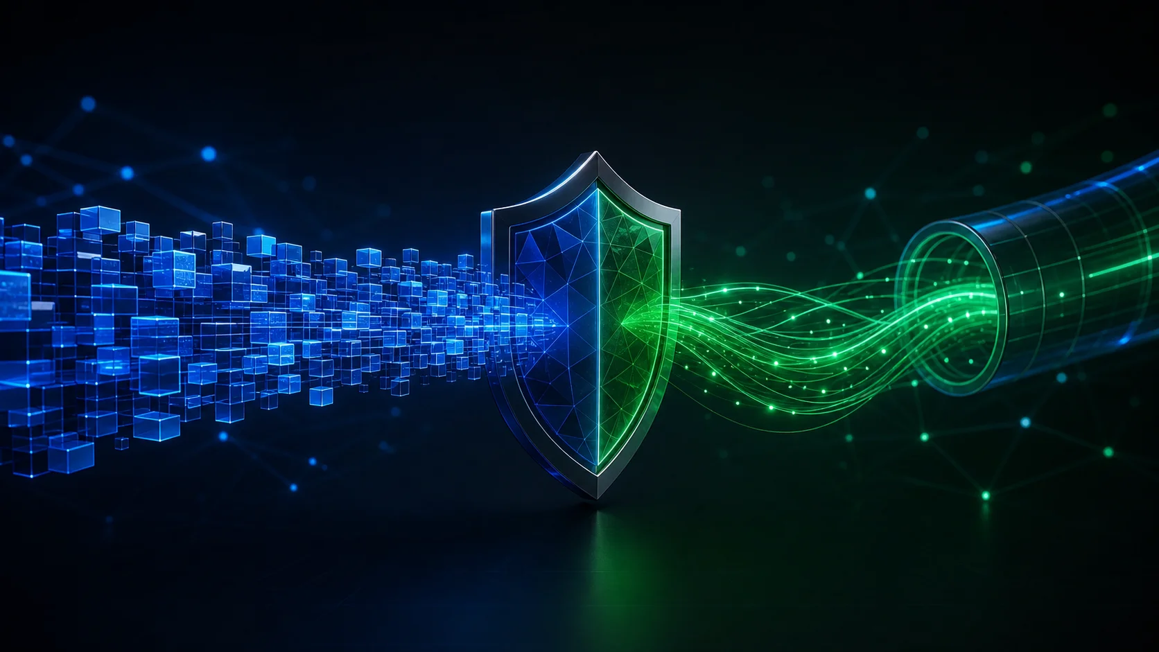 Two illuminated encryption streams, one blue and one green, meet in a secure digital tunnel