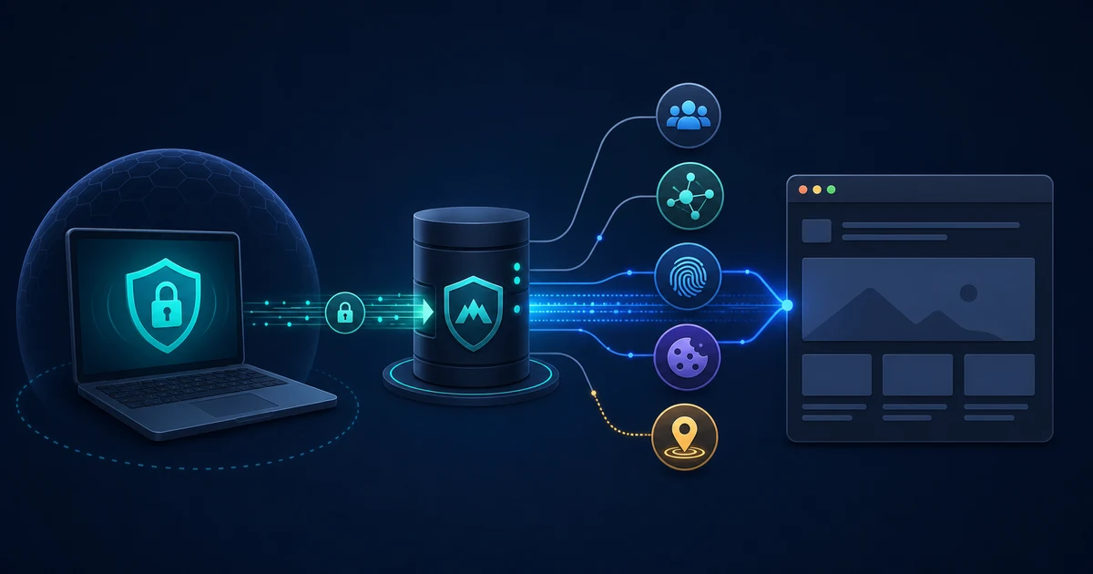 A website analyzes a shared VPN address and browser signals while a user connects through an encrypted tunnel