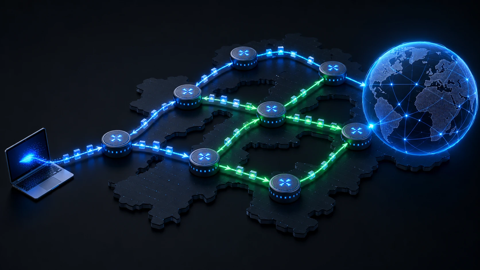 Connected routers directing data packets across an internet network map