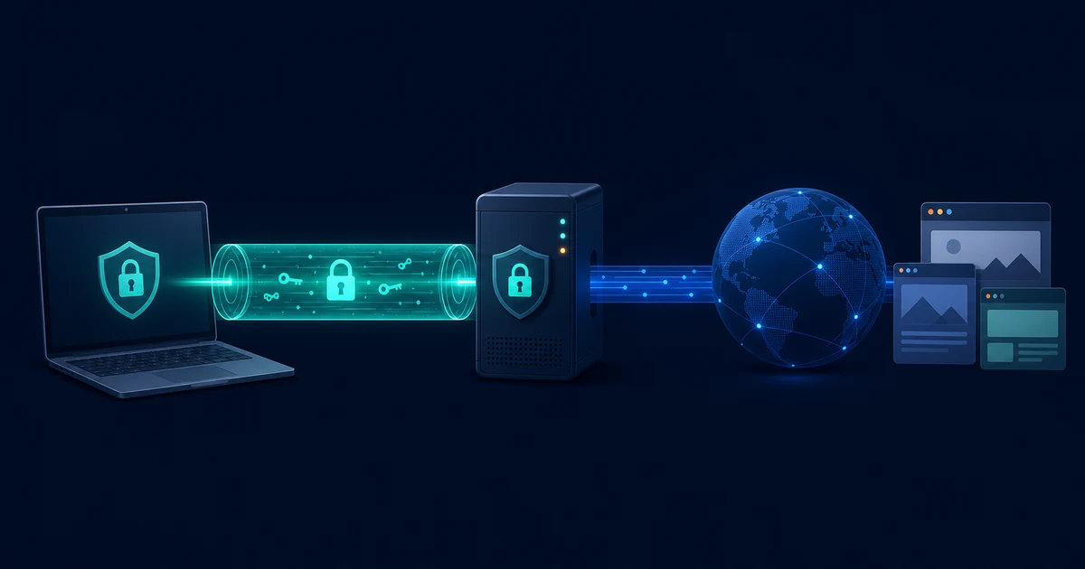 A laptop sends protected data through layered encryption toward a VPN server