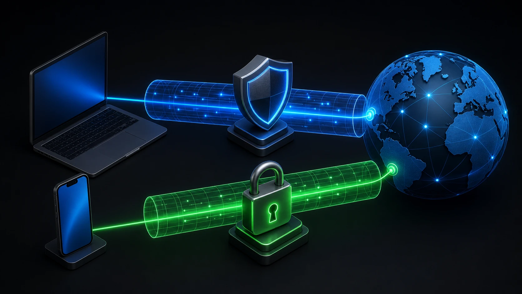 Two encrypted network tunnels representing IKEv2 IPSec and OpenVPN