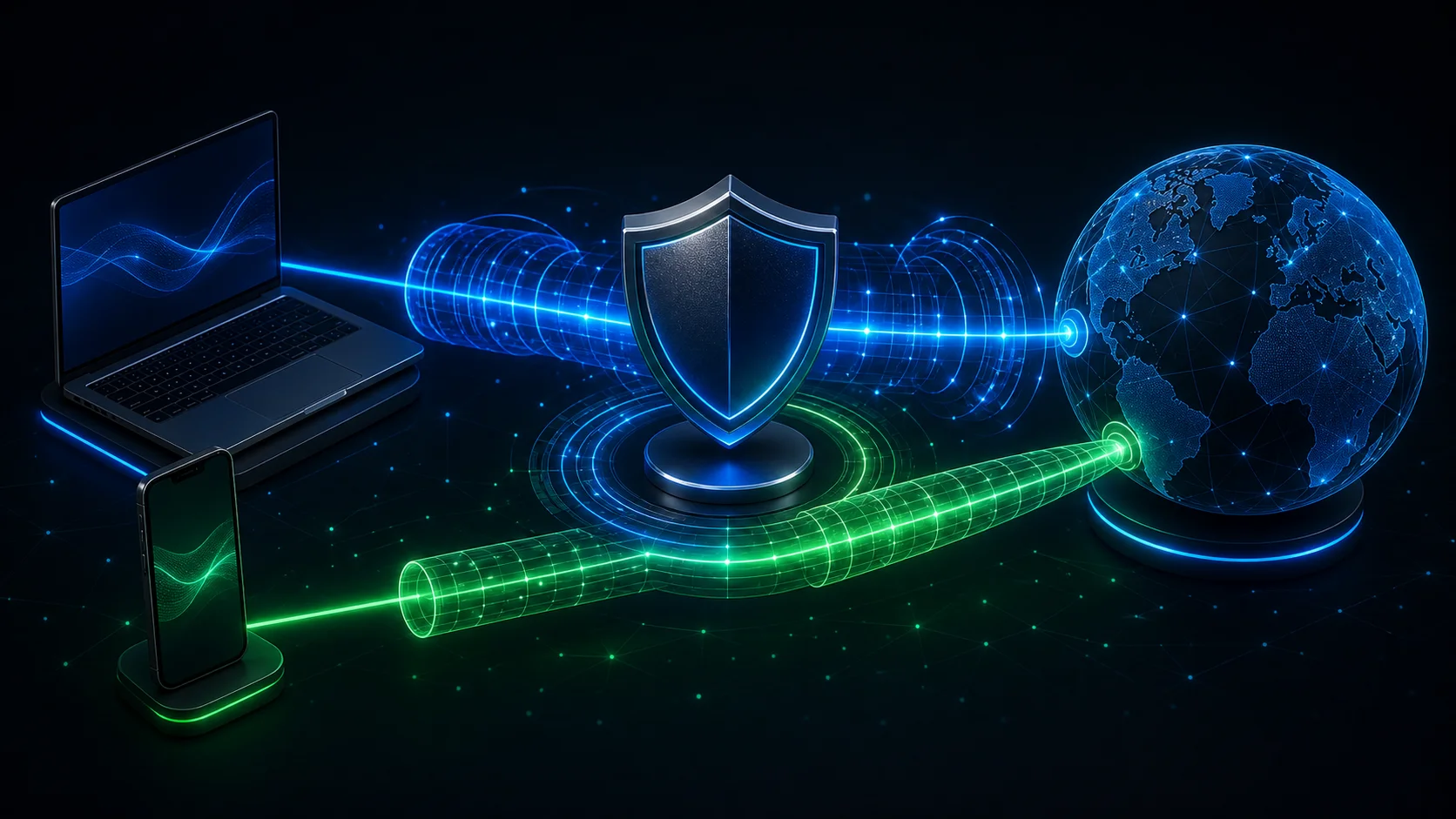 Two blue and green encrypted VPN paths connect a laptop and phone to a secure global network