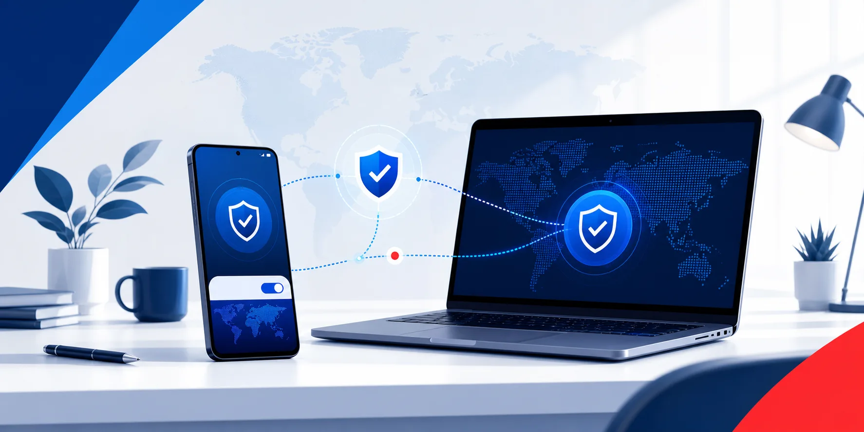 A smartphone and laptop connected through a secure blue VPN tunnel