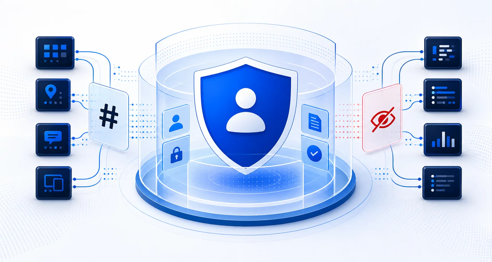 A transparent privacy shield separates protected information from organized operational data
