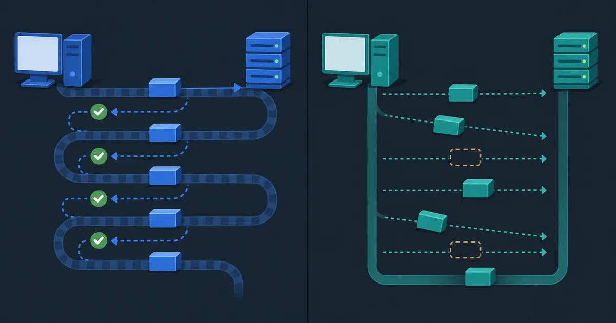 TCP packets follow an ordered acknowledged path while UDP datagrams take a lightweight direct path
