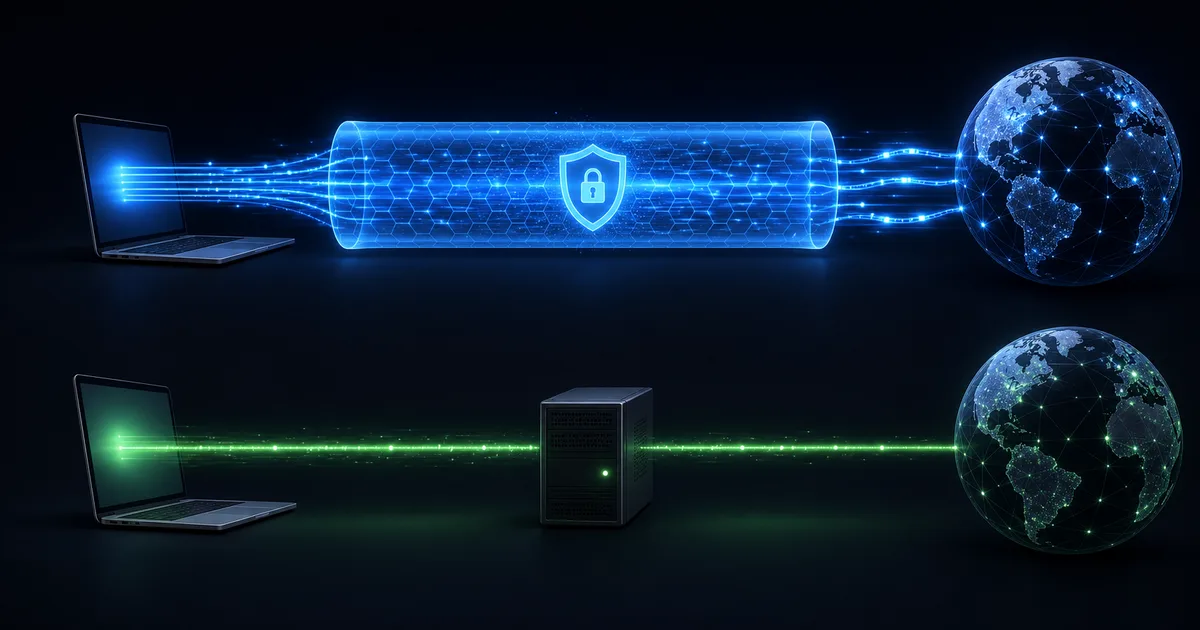 A full encrypted VPN tunnel is contrasted with a single application connection through a proxy server