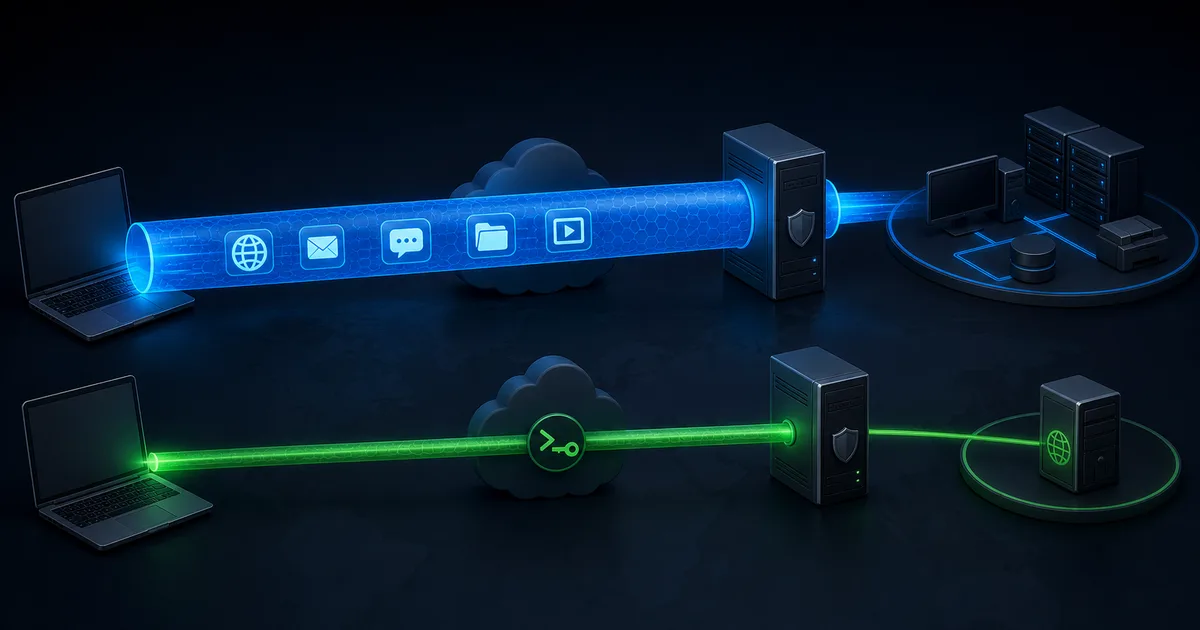 A broad encrypted VPN connection is contrasted with a single service forwarded through an SSH tunnel
