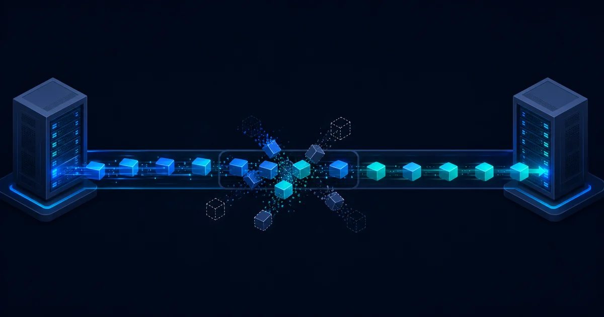 Data packets travel between servers while several packets are lost in the middle of the path