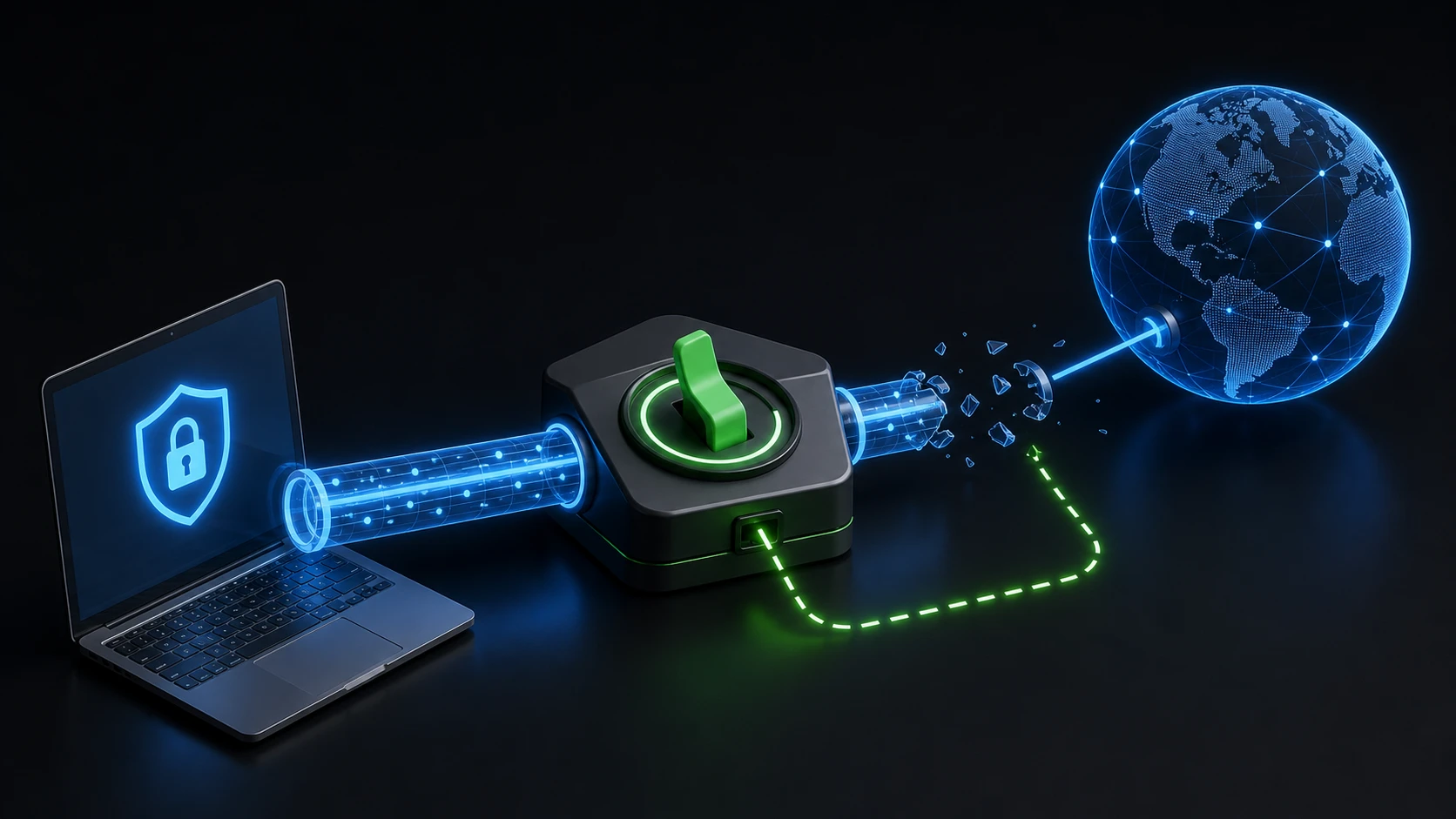 A protected network connection closing when an encrypted VPN tunnel breaks