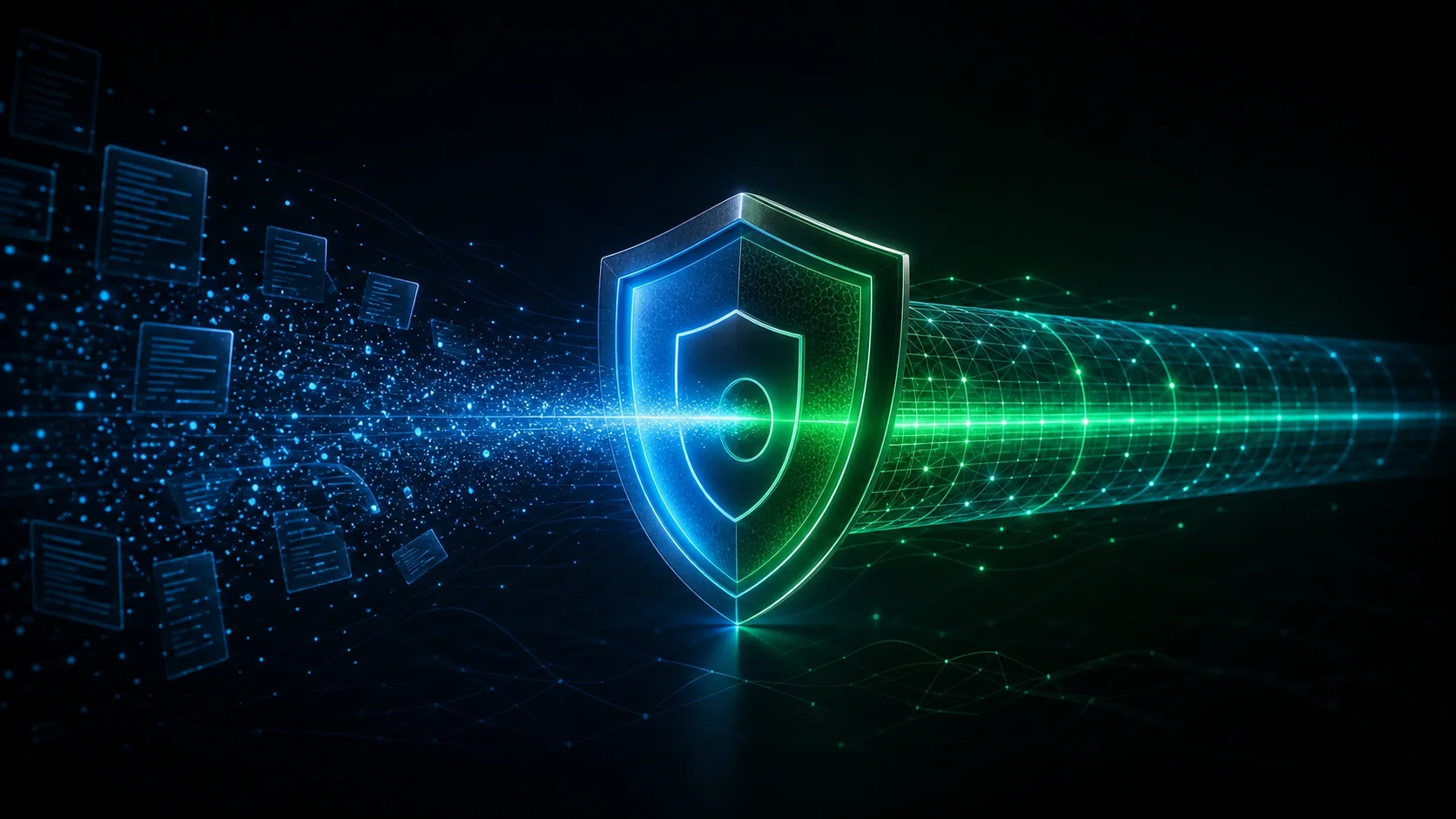 A glowing privacy shield protects an encrypted tunnel while anonymous data records fade into the background