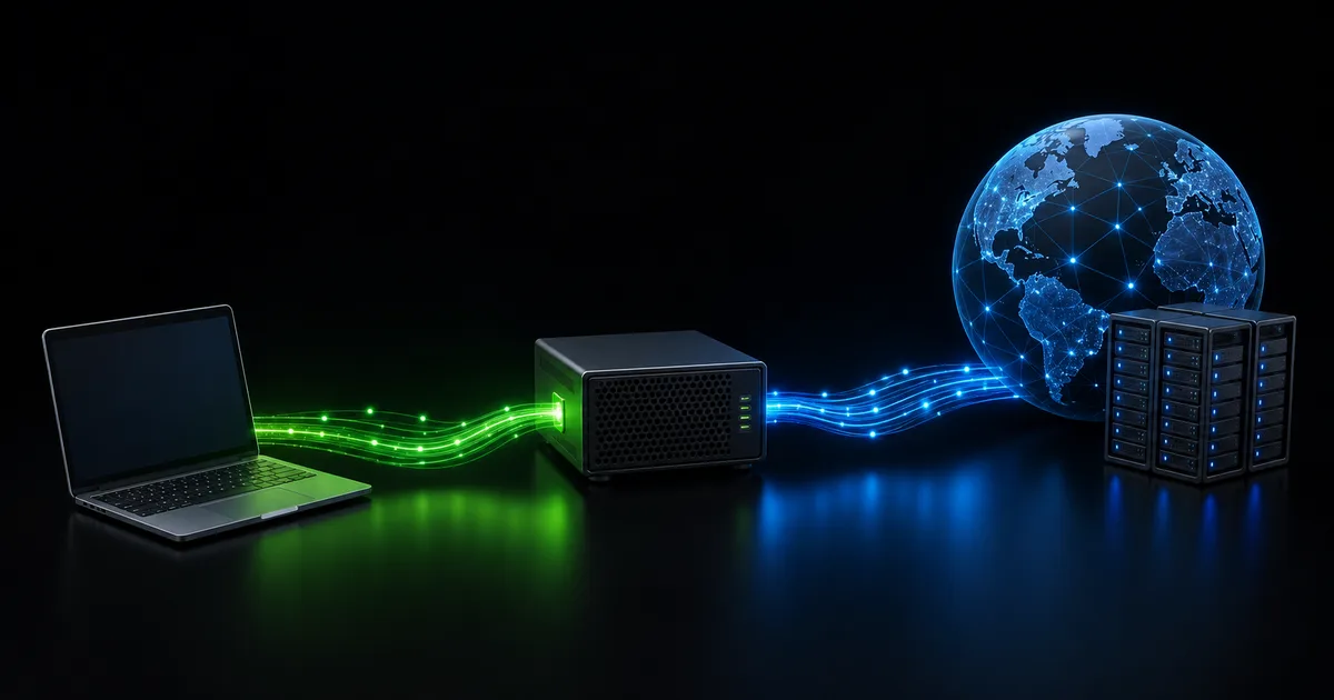 A device sends requests through an intermediary proxy server before they reach a website