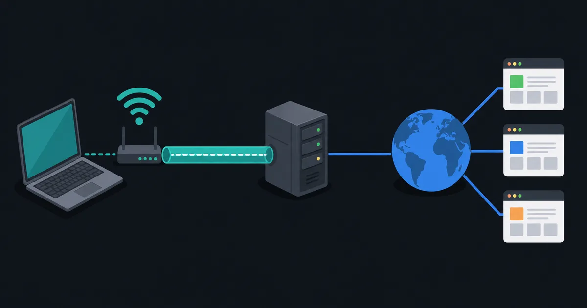 A laptop connects through an encrypted VPN tunnel to a server before reaching websites on the internet