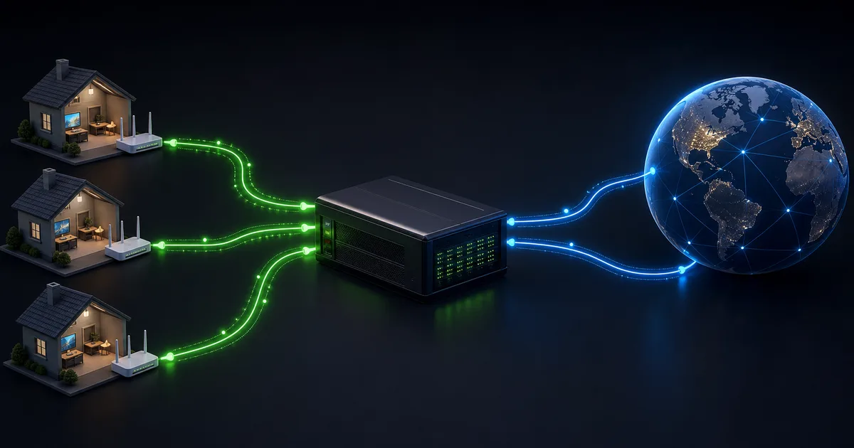 Several home networks pass through an ISP carrier-grade NAT service before sharing public internet addresses