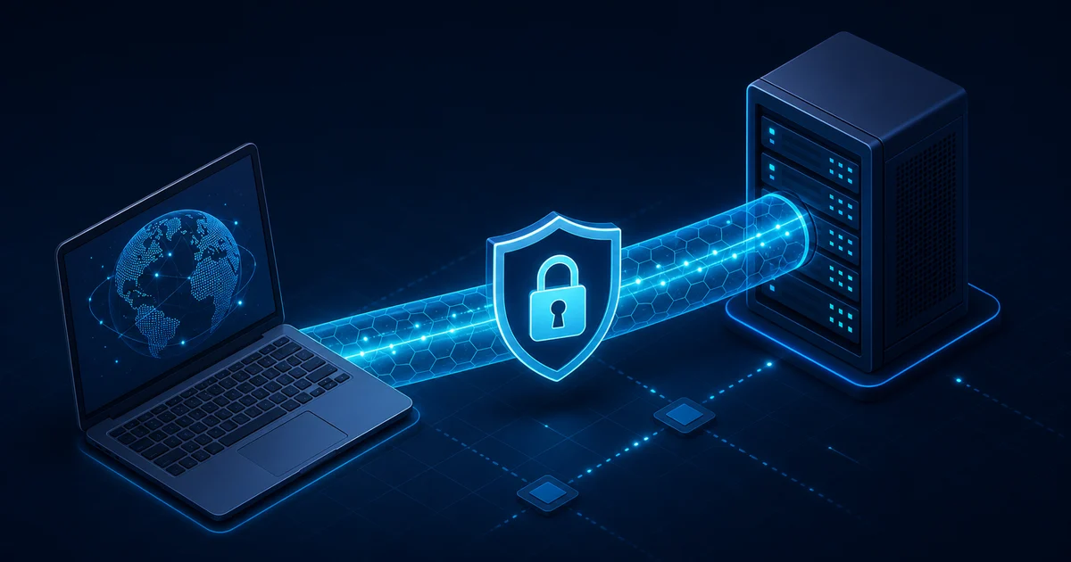 A laptop connects to a DNS resolver through a glowing encrypted tunnel