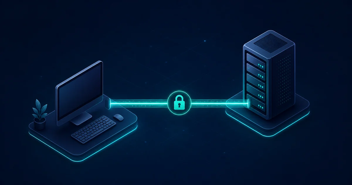 A desktop computer connects directly to a DNS server through an encrypted channel