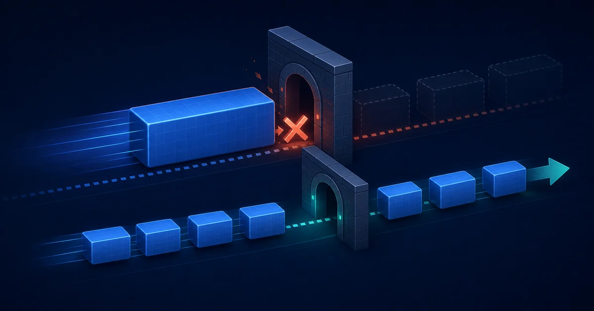 An oversized network packet cannot pass through a narrow gateway while smaller packets continue