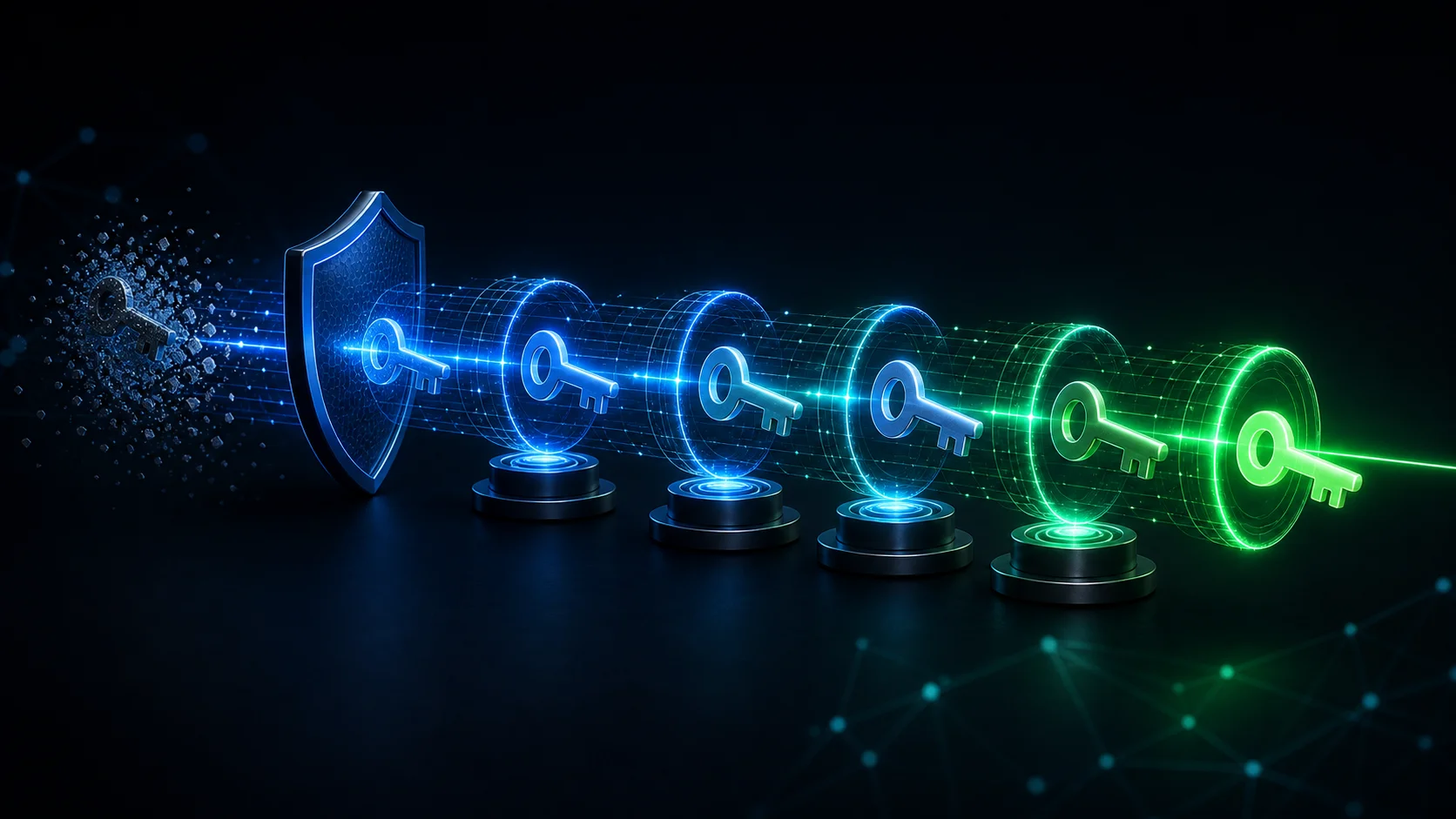 An encrypted tunnel uses glowing temporary keys that rotate forward along a secure network path