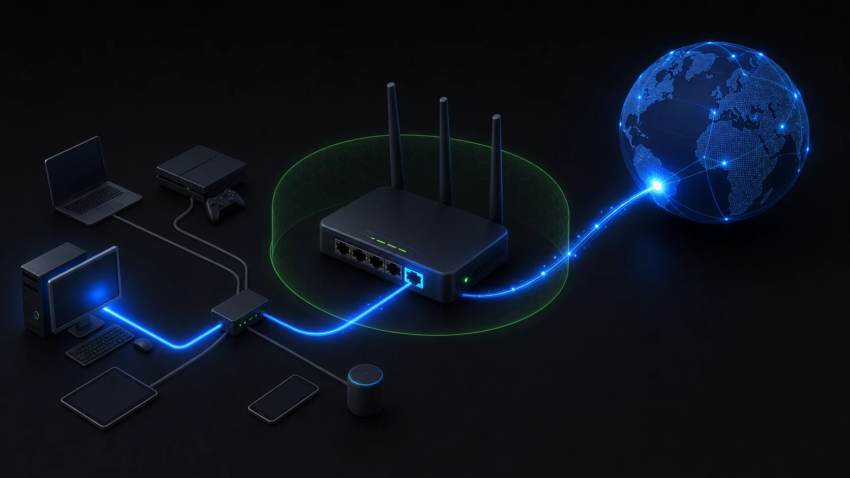 A router forwarding an incoming internet connection to one device on a home network