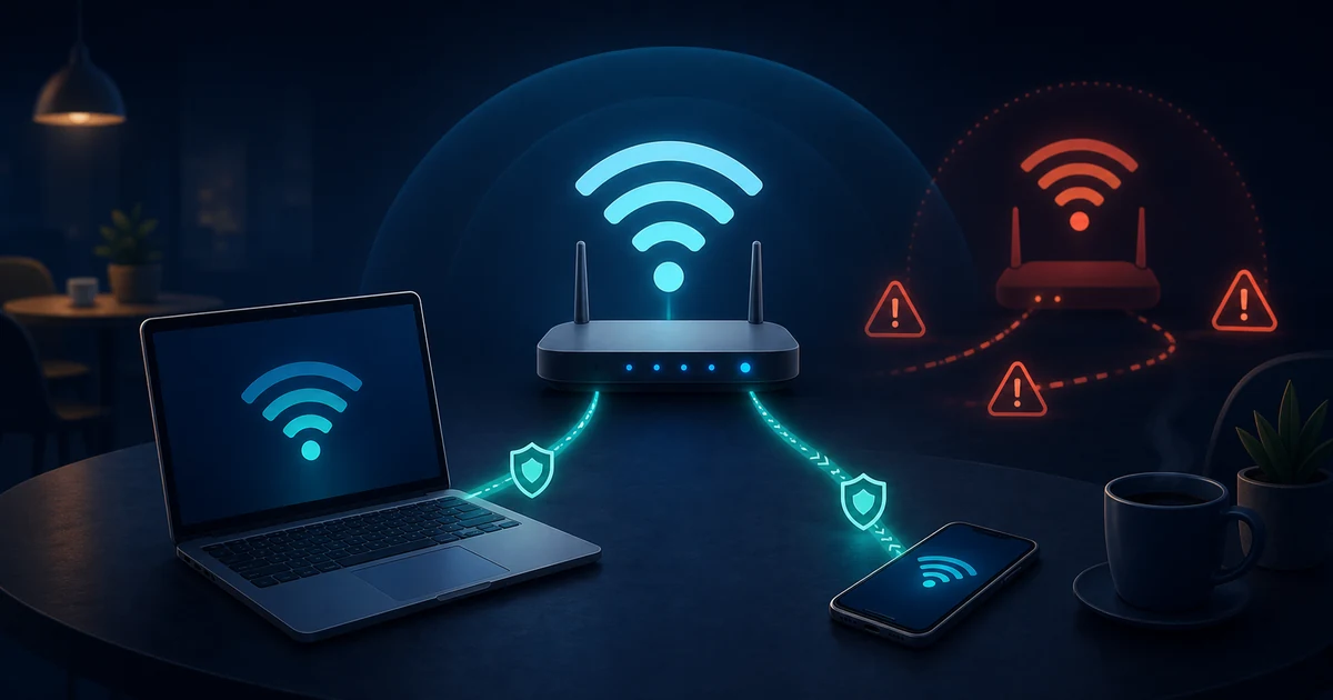 A phone connects to public Wi-Fi while a protective VPN tunnel shields its traffic