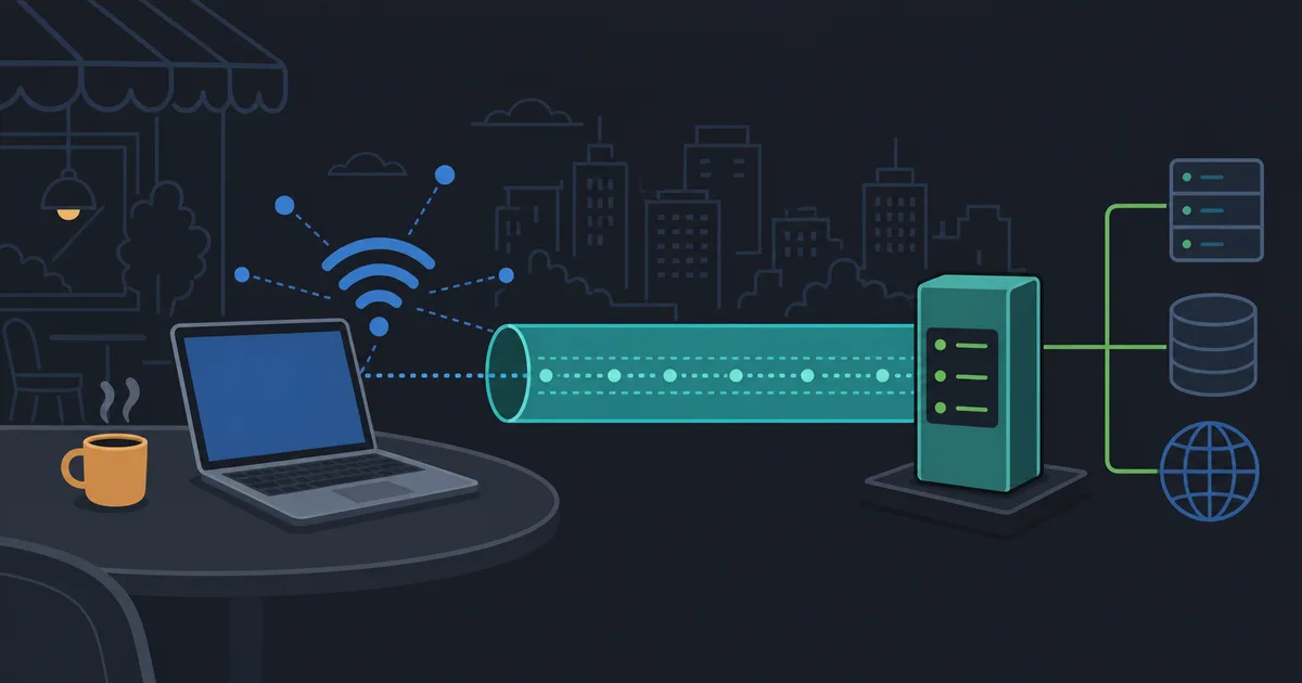 A laptop on public WiFi connects through an encrypted VPN tunnel to a secure network gateway