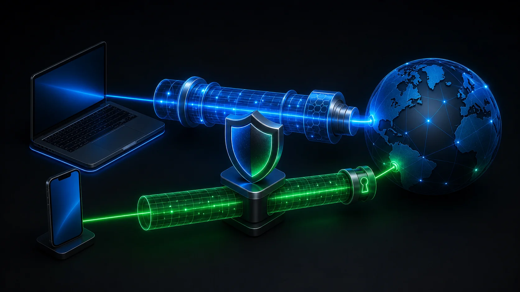 Blue and green encrypted VPN tunnels travel from devices through a shield to a connected globe